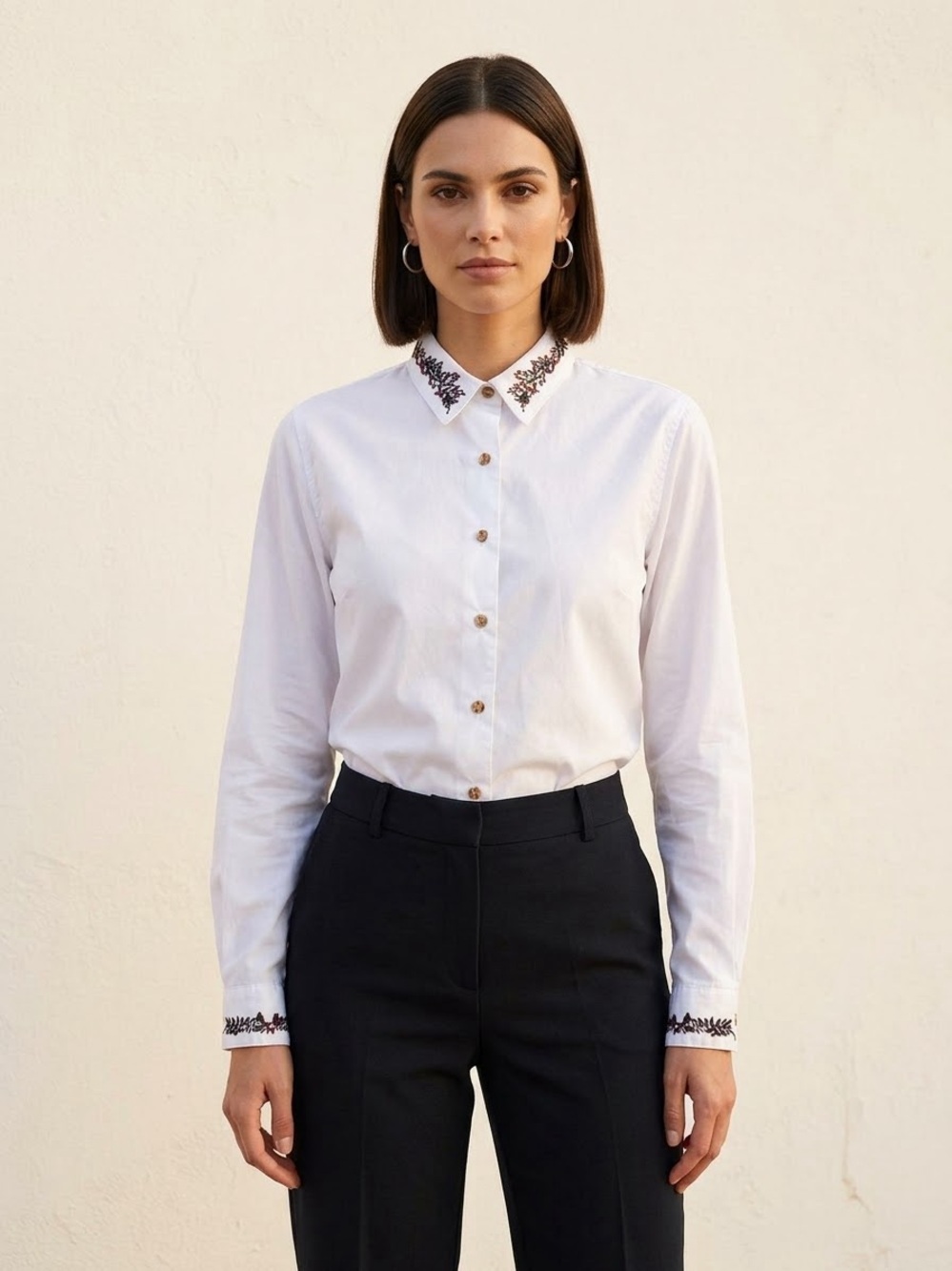 Yves St. Clair White Button-Front Shirt with Embroidered Collar